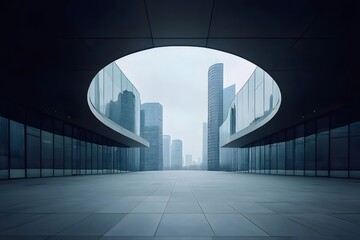 Poster - 抽象的な都市景観 灰色のコンクリート構造と高層ビル 未来的な建築デザイン ミニマルな幾何学的パターン 暗い背景にアーチ型の開口部