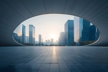 Aufkleber - 未来的な建築物と都市の景観 高層ビルと青い空を背景にミニマルな構図と滑らかな表面の幾何学的なデザイン