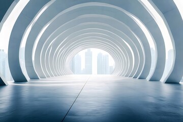 Poster - 未来的な白いアーチ型トンネル建築の内部廊下と都会の背景