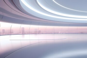 Aufkleber - 未来的な白い建築空間と窓からのピンク色の都市の景色のぼやけた背景と抽象的な光の反射