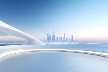 Aufkleber - 近代的な都市スカイラインのアーキテクチャの高層ビルに青い空の背景 ドバイの未来的なアブストラクトデザインのビジネス建築