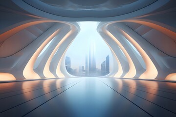 Aufkleber - 未来的な建築内部 白い曲線構造と都市景観の背景が特徴的なデザイン ライトが反射する床面の詳細 モダンでミニマルな空間