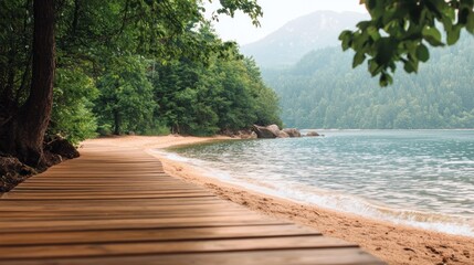 Poster - Wooden walkway leading towards a serene lake environment with trees