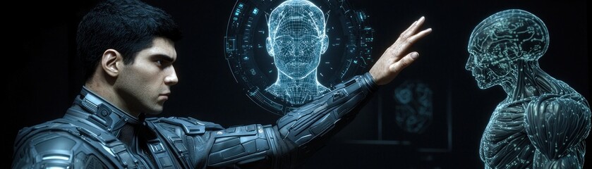 Aufkleber - Man interacting with digital projections of human anatomy and faces