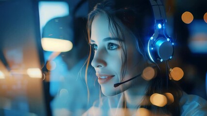 Poster - Profile view of a woman with a headset. Bokeh lights add a vibrant touch to the setting. Illuminated headphones suggest she's online. She appears to be engaged in customer service, working at night.