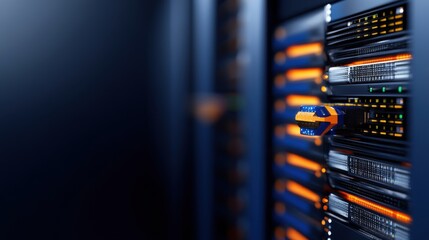 Poster - Rows of server racks filled with network equipment are shown in a data center. Bright LEDs indicate status while cables are neatly organized, showcasing a high-tech setup
