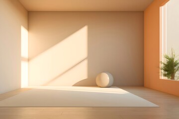 Aufkleber - 球と柔らかな光が差し込むミニマリストな部屋のインテリアデザイン ベージュと白を基調とした穏やかな空間