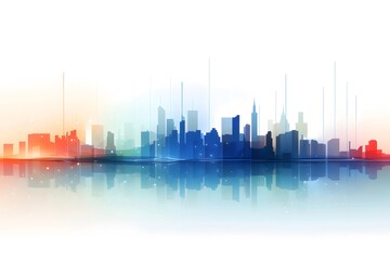 Aufkleber - 色鮮やかなシルエットの街並み 反射する水面と輝く光が特徴的な都市景観 ベクターイラスト