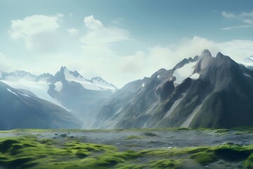 Poster - 緑豊かな草の多い前景の静かな日中の山の風景と晴れた空の下の丘