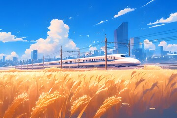 Aufkleber - 晴れた日に穂が揺れる野原を走る高速鉄道と背景にそびえ立つ高層ビル群のピクセルアート風風景
