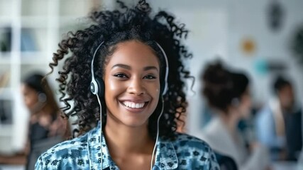 Poster - A cheerful customer support representative with curly hair is seen smiling while wearing a headset, suggesting a positive and helpful interaction in an office setting.