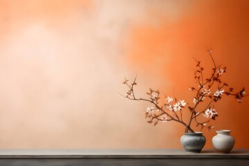 Poster - 静物花瓶に飾られた白い花のある枝とオレンジ色の抽象的な背景アートのテーブル装飾的な花柄のデザイン静けさ