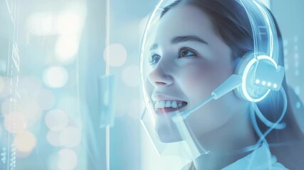 Leinwandbilder - A woman with headset looking up, bathed in cool blue light. It suggests communication , technology, future of customer service. The soft, bokeh-filled background adds to futuristic aesthetic.