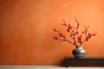 Aufkleber - テクスチャードオレンジの背景に赤い梅の花の枝と黒い装飾の静物陶器の花瓶
