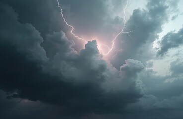 Poster - Dramatic photo shows lighting strikes during thunderstorm. Dark storm clouds, flash. Weather, climate change, natural disaster concepts. Dramatic sky with, risk, danger.