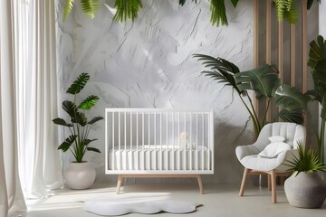 Aufkleber - 自然光が差し込む白いベビーベッドと緑豊かな植物がある穏やかな保育室のインテリア