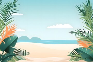 Aufkleber - 青い空の背景を持つトロピカルビーチの風景 ヤシの葉と明るい砂浜と静かな海が休暇の雰囲気を醸し出す ベクターイラスト