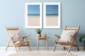 Aufkleber - 青い壁にビーチの絵が飾られた部屋のインテリア、木製の椅子とテーブル、ミニマリストデザイン、自然光、平和な雰囲気