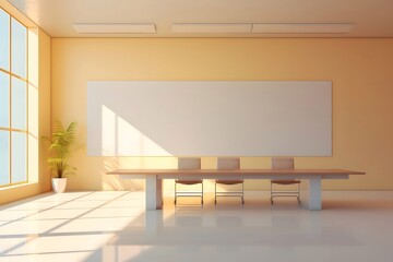 Aufkleber - ベージュ色の壁と白いボードのある明るい会議室 モダンなインテリアデザイン 長い木製テーブルと椅子が並び、大きな窓から光が差し込む静かな空間