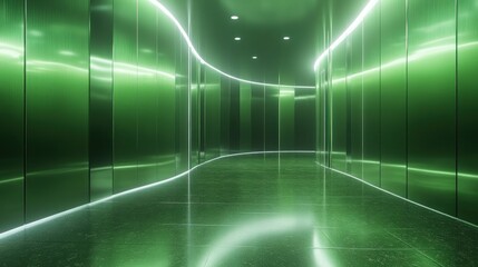 Wall Mural - green neon hallway, futuristic architecture, glowing walls, reflective floor