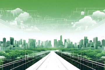 Aufkleber - 緑と白のピクセルアート様式の都市景観 高層ビル 木々 川 晴れた日の風景