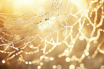 A spiderweb glistening with morning dew, bathed in golden sunlight, a beautiful and delicate natural creation.