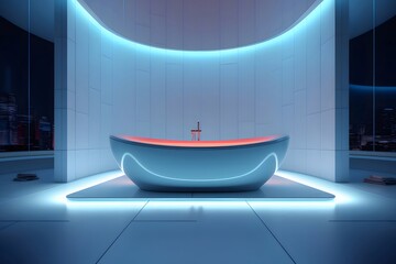 Poster - 未来的な白いバスタブと青い照明を備えた現代的な高級バスルームインテリアの建築デザイン