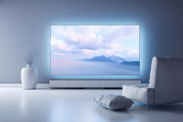 Poster - 白を基調としたリビングルームのテレビ 山の風景が映るワイドスクリーンテレビと白い家具 モダンなインテリアデザイン テレビのバックライト照明