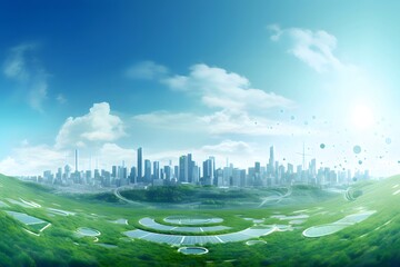 Poster - 緑豊かな前景の未来的な都市景観 青空の下で高層ビルがそびえ立つモダンな建築デザインと持続可能なエネルギーの概念を示すパノラマビュー