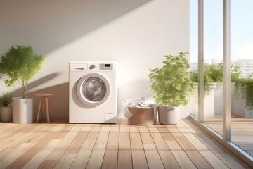 Aufkleber - 自然光が差し込む明るい室内 洗濯機と観葉植物のあるミニマルな空間 清潔感あふれる現代的なインテリア