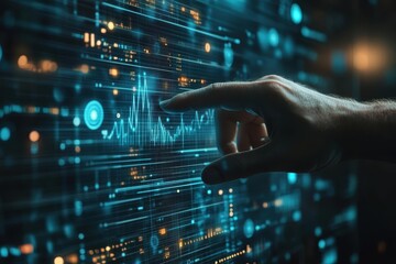 Fototapete - Digital interaction showcases data analysis and visualization in an advanced technology environment during nighttime focus on innovation
