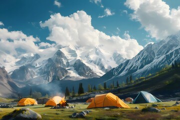 Poster - 晴れた日の雪山を背景に黄色いキャンプ用テントが並ぶ風景写真