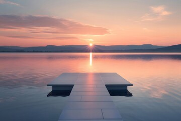Poster - 穏やかな湖でのピンクの夕焼けの瞑想的な風景と穏やかな水のリフレクション