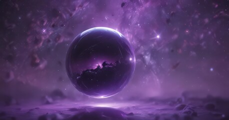 Wall Mural - shimmering orb floats serenely amidst a purple nebula, stars scattered in the background , interstel