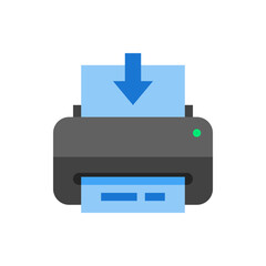Poster - Illustration of a printer with a blue arrow pointing down into the paper tray and a green light indicator