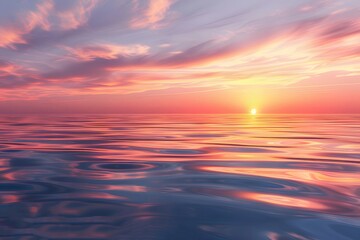 Poster - オレンジとピンクの夕焼け雲が空と海の風景を照らす 穏やかな波が反射し静かで魔法のような海岸の雰囲気を作り出す