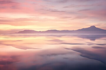 Poster - ピンクと紫色の夕焼け空が湖に反射する穏やかな風景 ミネクラフト風の山々が背景に広がる夢のような景色