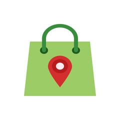 Poster - Green shopping bag with a green handle and a red location pin in the center of the bag design icon