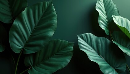 Poster - Illustration large green leaves. Nature-inspired foliage with textured surface, deep green colors, dark background. Tropical plants concept for wallpaper, design, decoration, botany, fresh summer