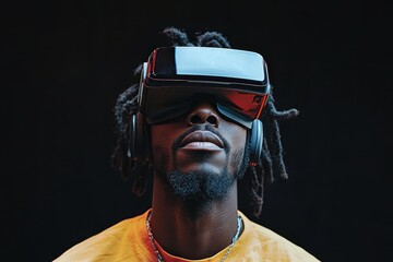 Aufkleber - Young man explores virtual reality technology while wearing VR headset and showcasing modern and innovative culture in a dark setting