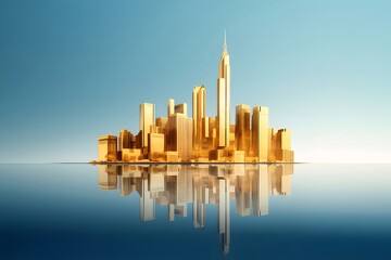 Aufkleber - 輝く金の都市スカイラインと青い水の反射 現代的な高層ビル建築の抽象的な描写
