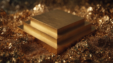 Poster - Golden tiered platform on sparkling gold surface, showcasing product placement, ideal for luxury or elegant branding, advertisement, and presentation