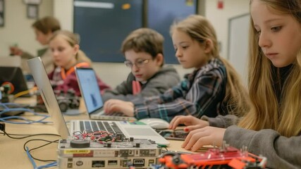 Aufkleber - A group of focused children are engaged in a coding session, utilizing laptops and robotics equipment. They appear to be learning about technology, and engineering in a hands-on educational setting.