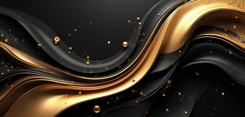 Fototapete - Abstract black and gold background with curves and silk fabric effect. Modern luxury design with flowing wave patterns. Suitable for website design banners posters advertising.