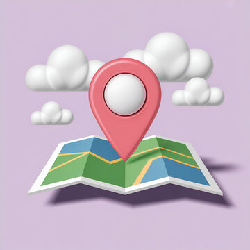 3d rendering map with location pin and clouds for navigation concept