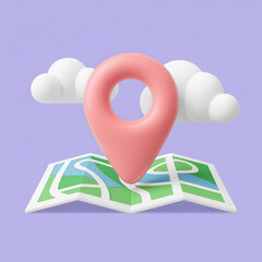 Fototapete - 3d map pointer location with clouds on purple background render