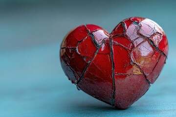 Poster - Vibrant red heart sculpture with intricate cracks reflecting light on a textured surface in a serene setting