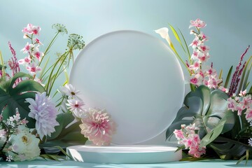Poster - パステルブルーの背景に白い円形のプラットフォームとピンクと白の花の配置の3Dレンダリング