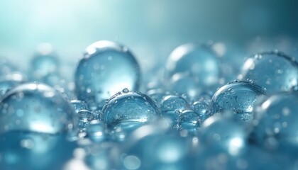 Poster - Close-up photo of water droplets and bubbles. Transparent liquid macro details. Blue spheres, spheres in focus, freshness, purity, hydration. Abstract aqua background. Clean concept.