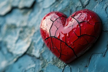 Poster - Vibrant red heart sculpture with intricate cracks reflecting light on a textured surface in a serene setting